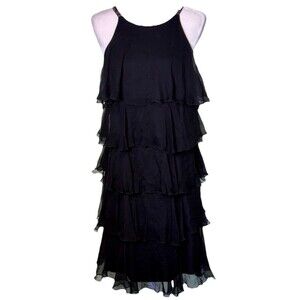 BCBG MAXAZRIA Women’s Black Chiffon Tiered Ruffle Flapper Cocktail Dress Sz Lg
